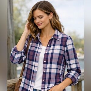 SO Plaid Flannel button up comfy Shirt in purple, Blue, and White